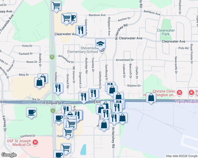 map of restaurants, bars, coffee shops, grocery stores, and more near 1208 Gettysburg Drive in Bloomington