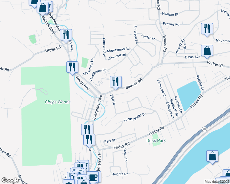 map of restaurants, bars, coffee shops, grocery stores, and more near 855 Seavey Road in Millvale