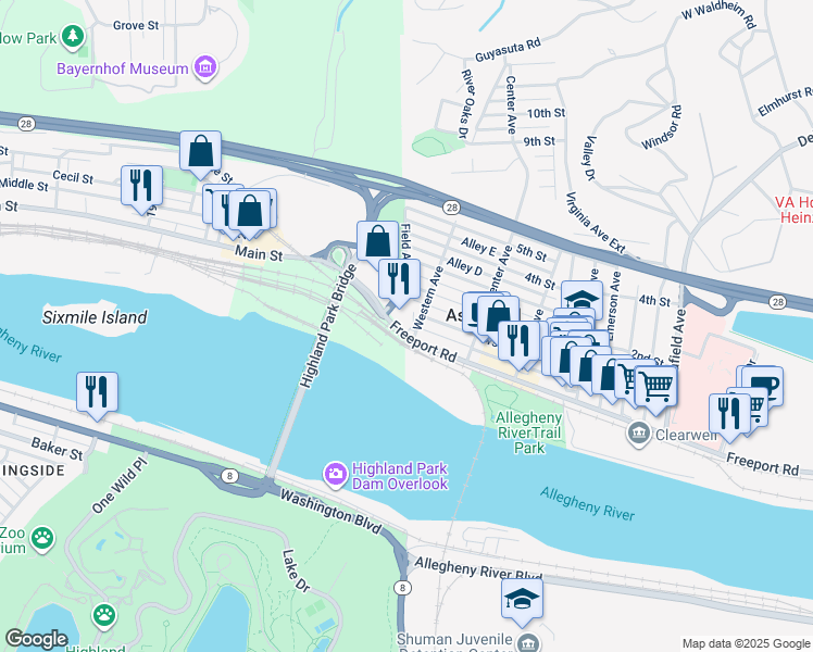 map of restaurants, bars, coffee shops, grocery stores, and more near 54 Freeport Road in Aspinwall