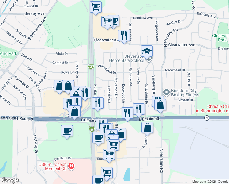 map of restaurants, bars, coffee shops, grocery stores, and more near 1222 Mount Vernon Drive in Bloomington