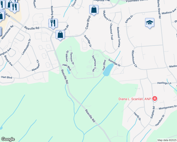 map of restaurants, bars, coffee shops, grocery stores, and more near 722 Apple Court in Flemington
