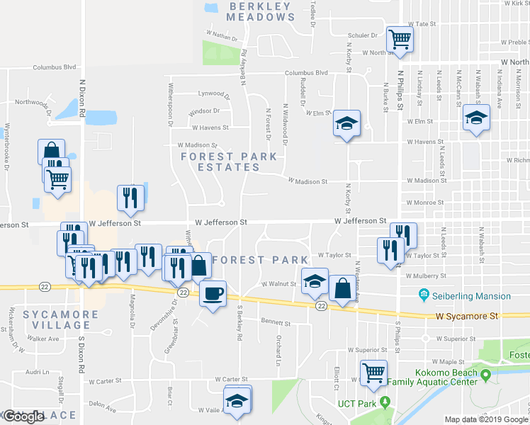 map of restaurants, bars, coffee shops, grocery stores, and more near 1800 West Jefferson Street in Kokomo