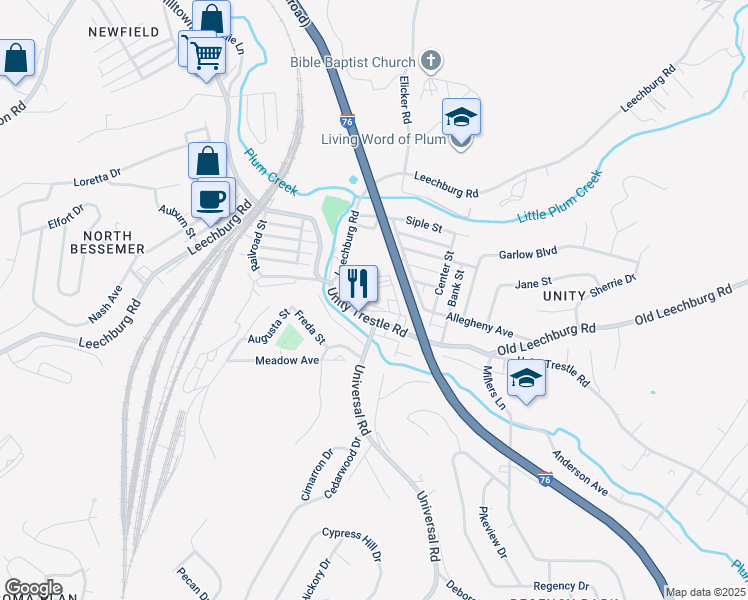 map of restaurants, bars, coffee shops, grocery stores, and more near 215 Unity Trestle Road in Plum