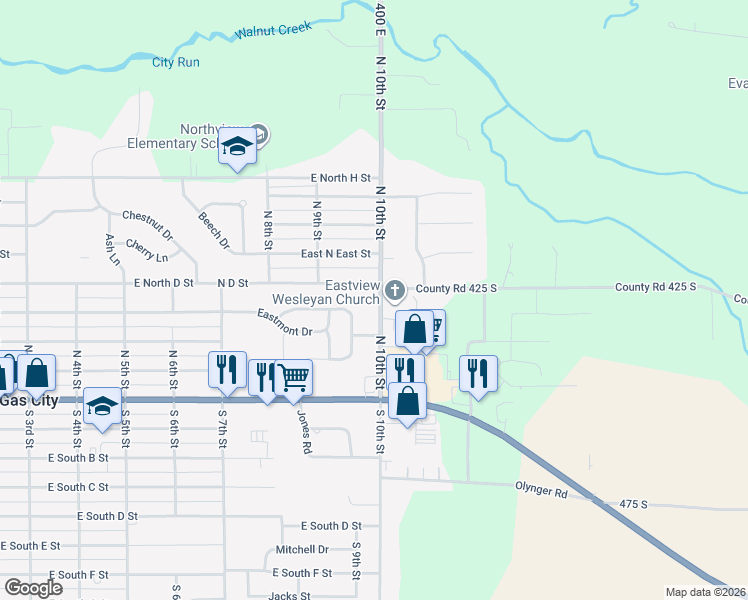 map of restaurants, bars, coffee shops, grocery stores, and more near 413 North 10th Street in Gas City