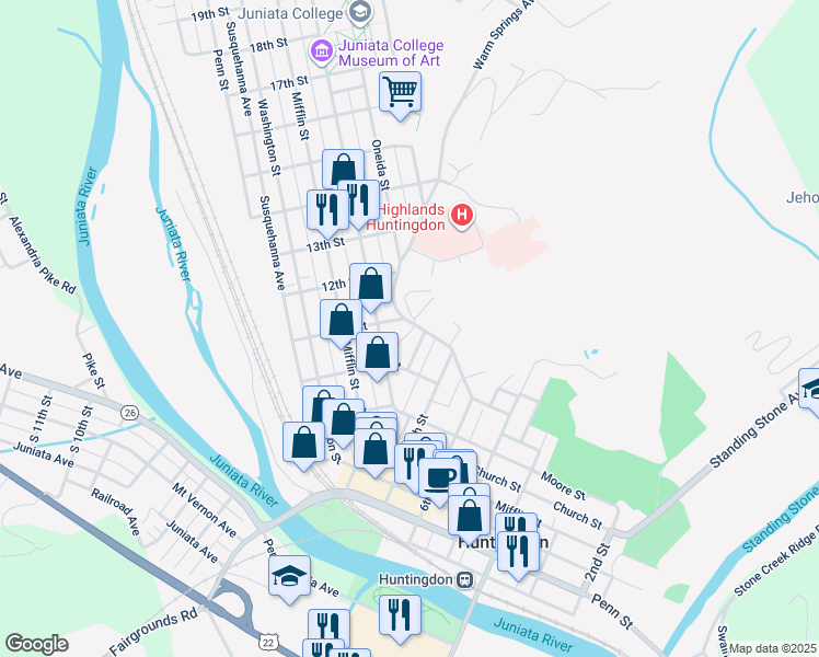map of restaurants, bars, coffee shops, grocery stores, and more near 1008 Warm Springs Avenue in Huntingdon