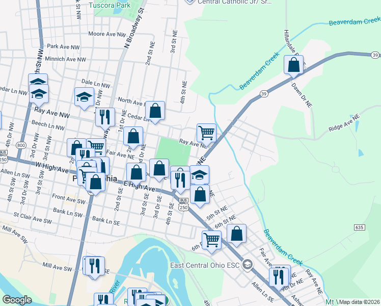 map of restaurants, bars, coffee shops, grocery stores, and more near 409 Mishler Lane Northeast in New Philadelphia