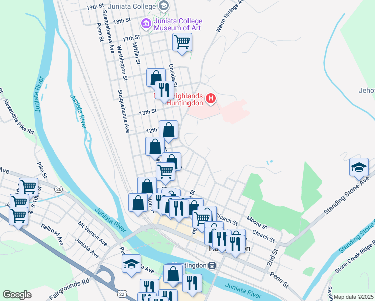 map of restaurants, bars, coffee shops, grocery stores, and more near 1008 Warm Springs Avenue in Huntingdon