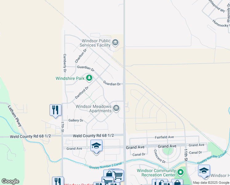 map of restaurants, bars, coffee shops, grocery stores, and more near 1500 Windshire Drive in Windsor