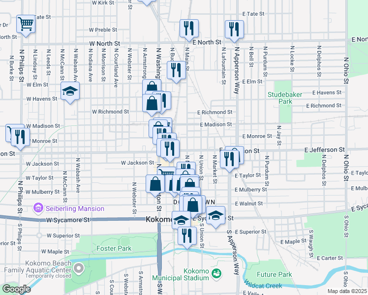 map of restaurants, bars, coffee shops, grocery stores, and more near 601 North Main Street in Kokomo