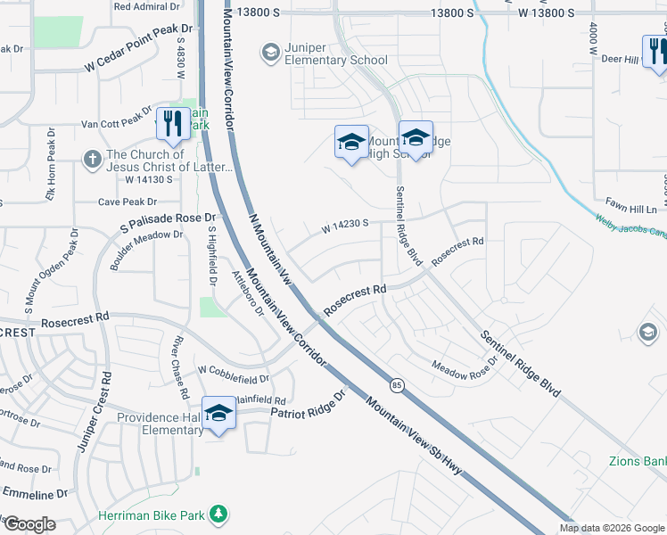 map of restaurants, bars, coffee shops, grocery stores, and more near Meadow Bend Drive in Herriman
