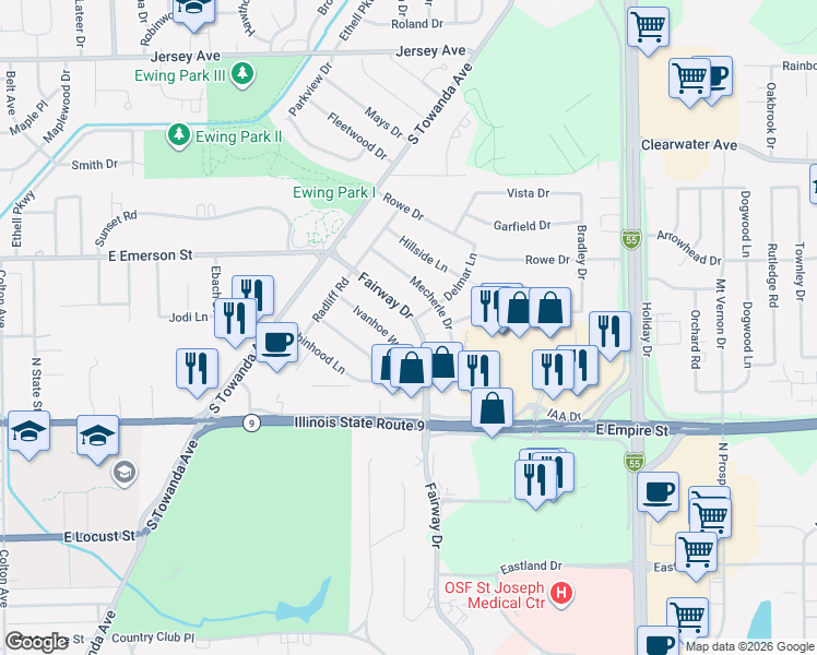 map of restaurants, bars, coffee shops, grocery stores, and more near 218 Ivanhoe Way in Bloomington