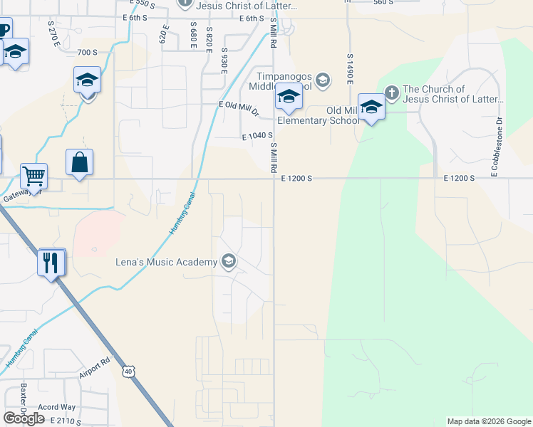 map of restaurants, bars, coffee shops, grocery stores, and more near 1335 South 1140 East in Daniel