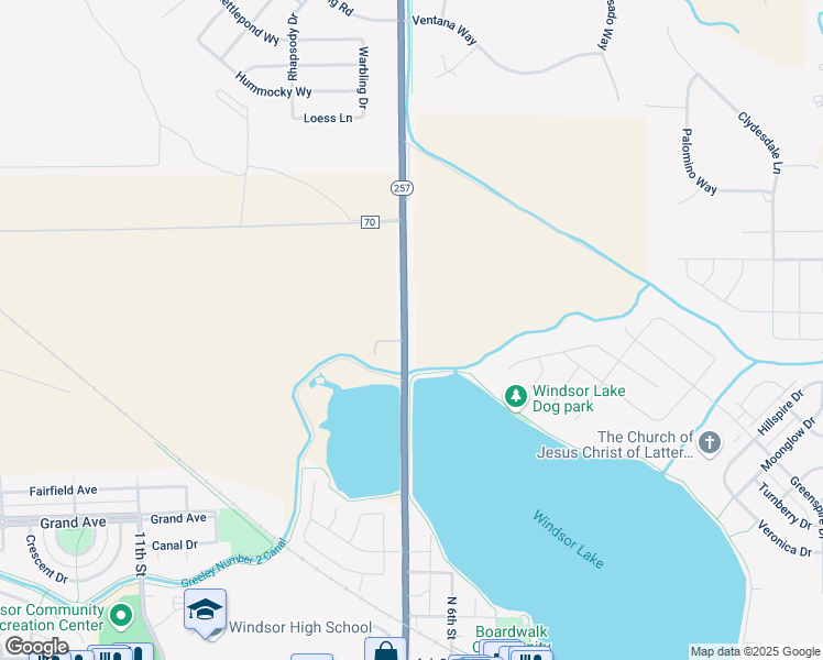 map of restaurants, bars, coffee shops, grocery stores, and more near 33840 Weld County Road 17 in Windsor