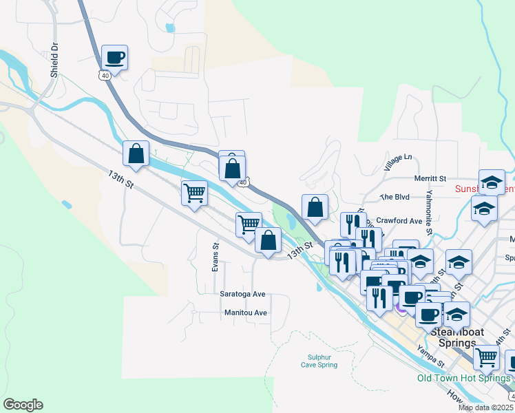 map of restaurants, bars, coffee shops, grocery stores, and more near 1313 Dream Island Plaza in Steamboat Springs