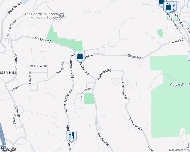 map of restaurants, bars, coffee shops, grocery stores, and more near 3700 Mount Troy Road in Pittsburgh