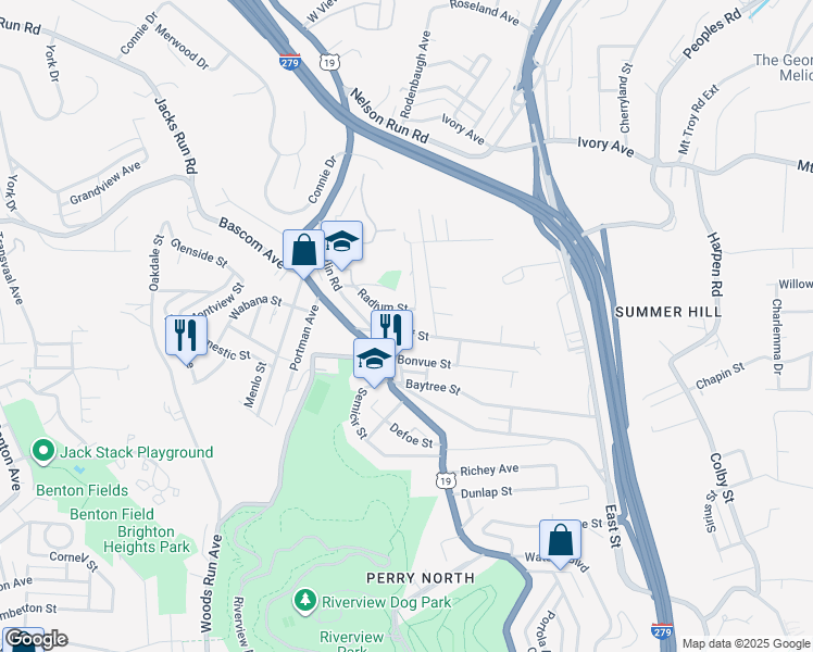 map of restaurants, bars, coffee shops, grocery stores, and more near 44 Waldorf Street in Pittsburgh
