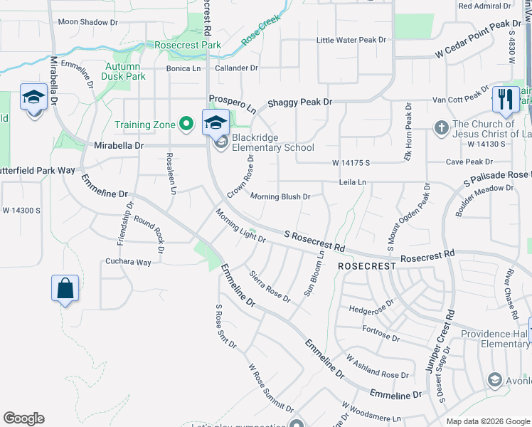 map of restaurants, bars, coffee shops, grocery stores, and more near 14311 Prairie Dawn Lane in Herriman