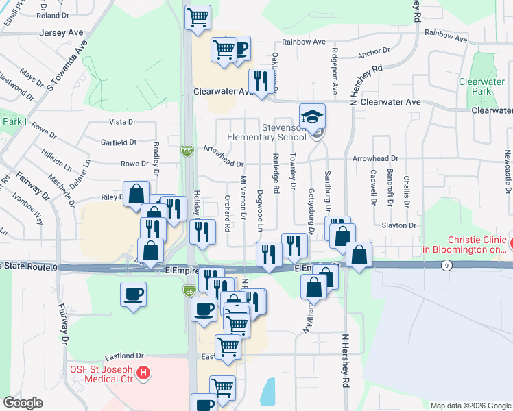 map of restaurants, bars, coffee shops, grocery stores, and more near 1224 Dogwood Lane in Bloomington