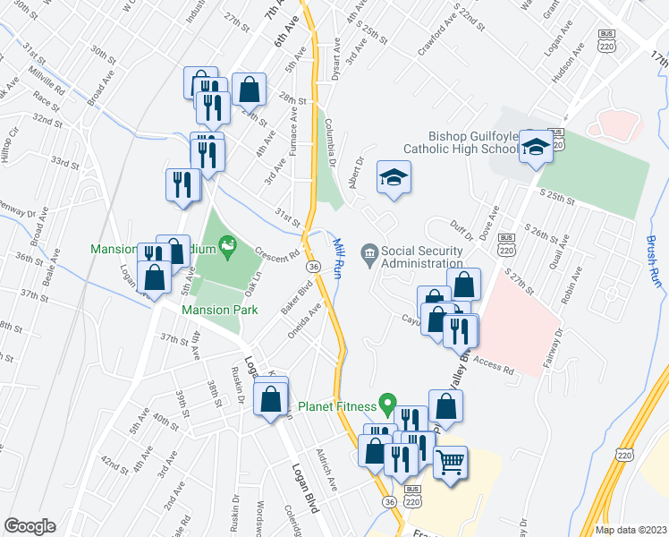 map of restaurants, bars, coffee shops, grocery stores, and more near 3300 Baker Court in Altoona