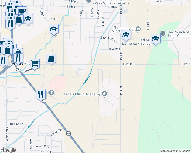 map of restaurants, bars, coffee shops, grocery stores, and more near 1334 South 960 East in Heber City