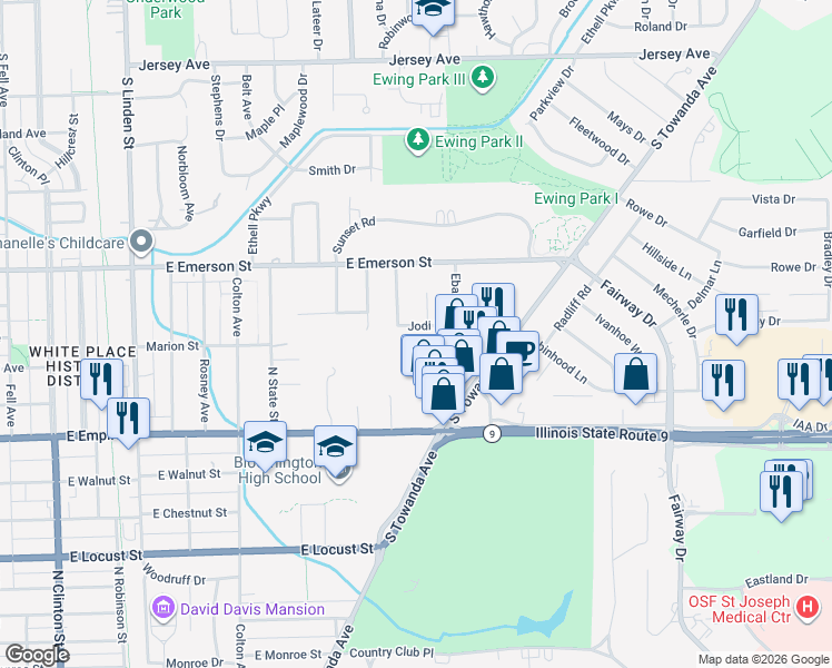 map of restaurants, bars, coffee shops, grocery stores, and more near 7 Jodi Lane in Bloomington