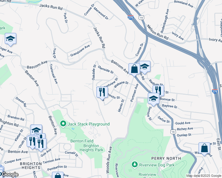 map of restaurants, bars, coffee shops, grocery stores, and more near 500 Wabana Street in Pittsburgh