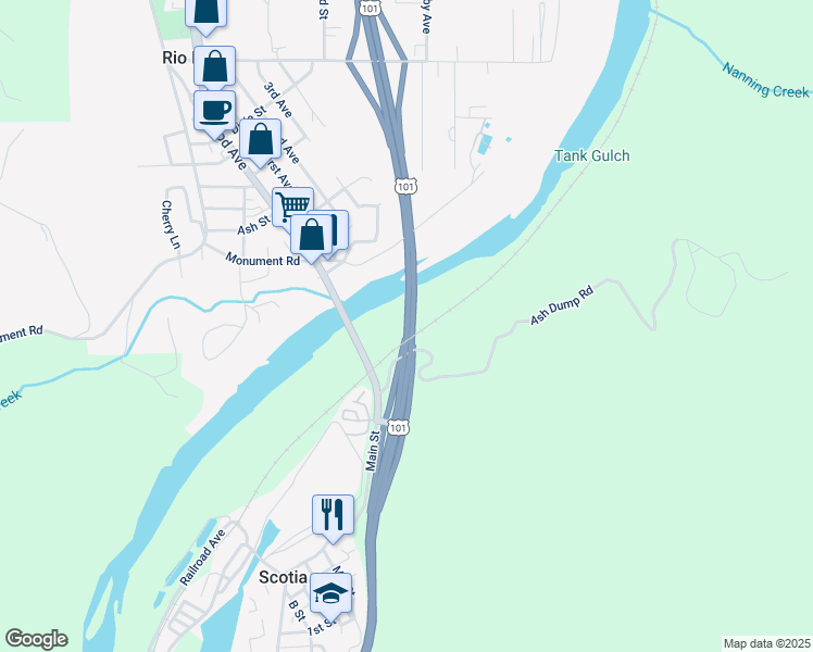 map of restaurants, bars, coffee shops, grocery stores, and more near Redwood Hwy in Rio Dell