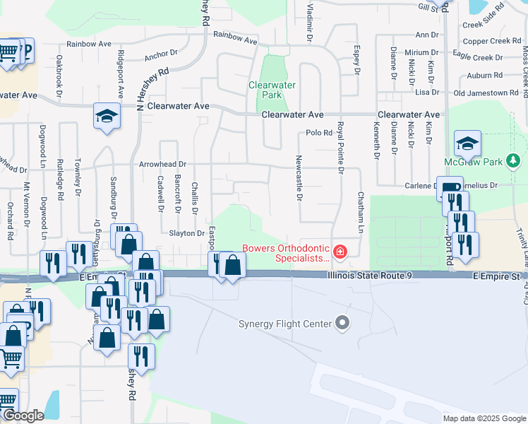 map of restaurants, bars, coffee shops, grocery stores, and more near 4 Christopher Way in Bloomington