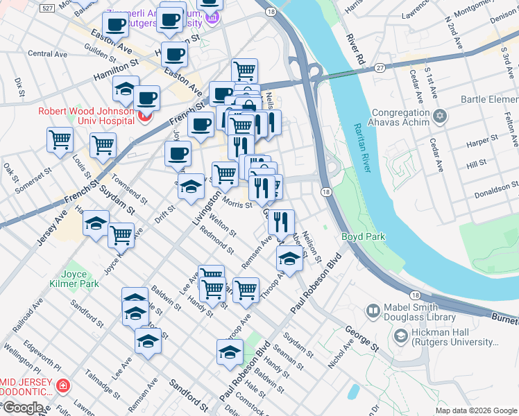 map of restaurants, bars, coffee shops, grocery stores, and more near 60 Morris Street in New Brunswick