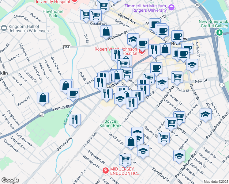 map of restaurants, bars, coffee shops, grocery stores, and more near 349 Handy Street in New Brunswick