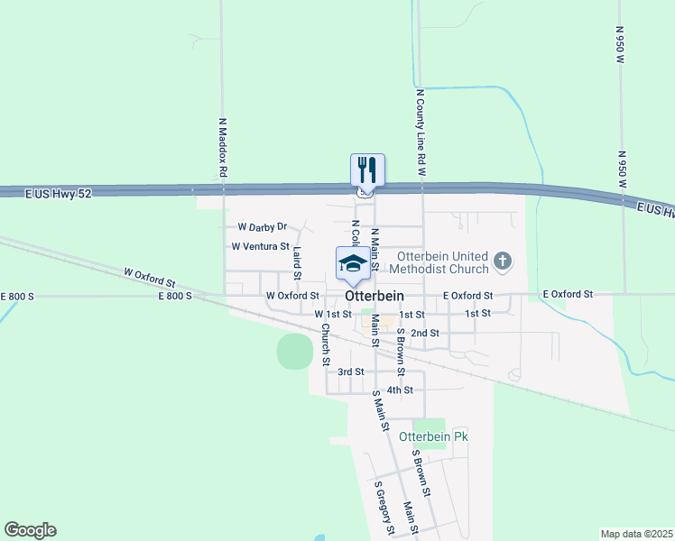 map of restaurants, bars, coffee shops, grocery stores, and more near 111 West Oxford Street in Otterbein