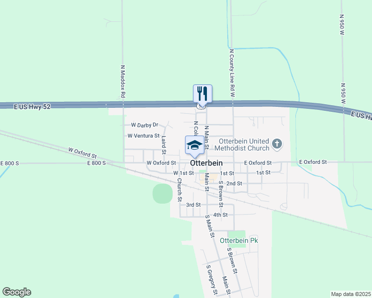 map of restaurants, bars, coffee shops, grocery stores, and more near 111 West Oxford Street in Otterbein