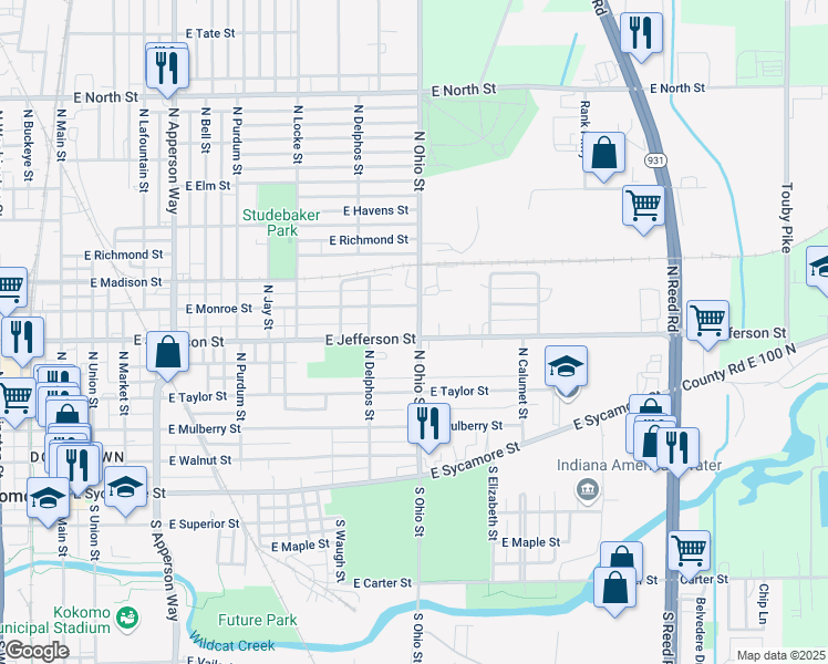 map of restaurants, bars, coffee shops, grocery stores, and more near 1142 East Jefferson Street in Kokomo