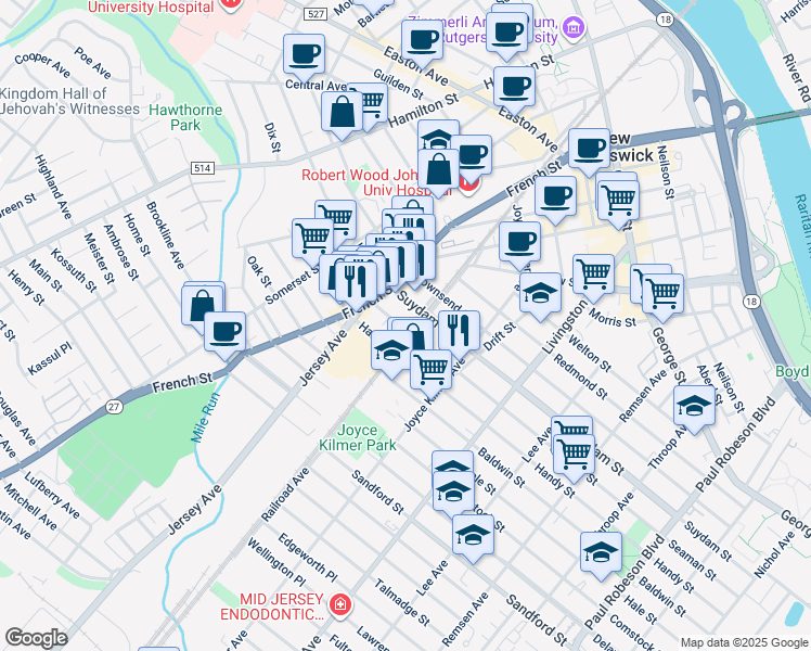 map of restaurants, bars, coffee shops, grocery stores, and more near 57 Railroad Avenue in New Brunswick