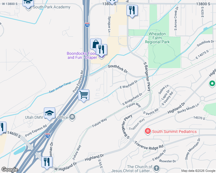 map of restaurants, bars, coffee shops, grocery stores, and more near 14299 South Side Hill Lane in Draper