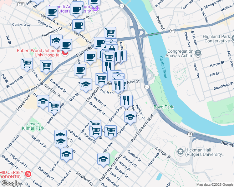 map of restaurants, bars, coffee shops, grocery stores, and more near 60 Morris Street in New Brunswick