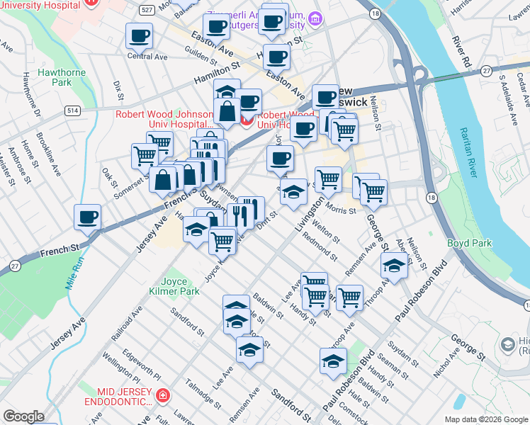map of restaurants, bars, coffee shops, grocery stores, and more near 70 Joyce Kilmer Avenue in New Brunswick