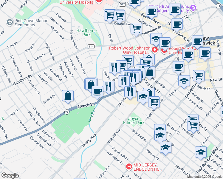 map of restaurants, bars, coffee shops, grocery stores, and more near 201 French Street in New Brunswick