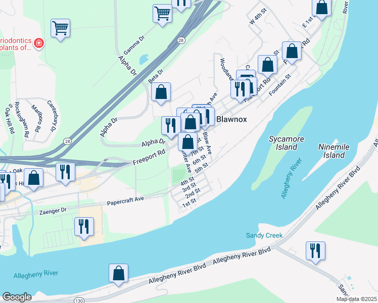 map of restaurants, bars, coffee shops, grocery stores, and more near 700 Center Avenue in Blawnox