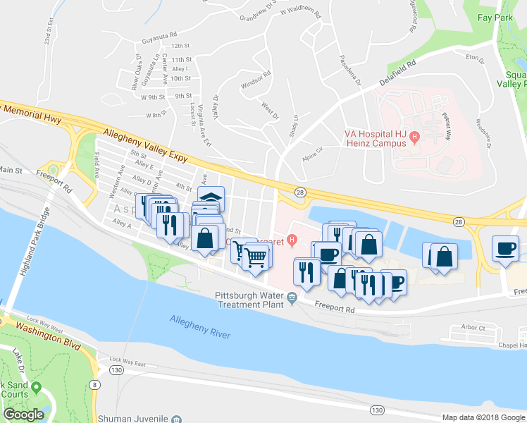 map of restaurants, bars, coffee shops, grocery stores, and more near 217 Delafield Road in Pittsburgh