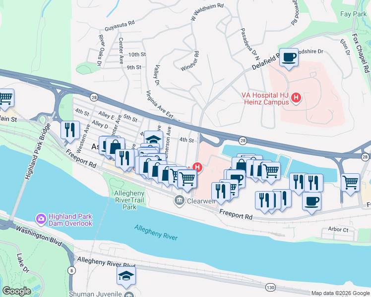map of restaurants, bars, coffee shops, grocery stores, and more near 217 Delafield Road in Pittsburgh