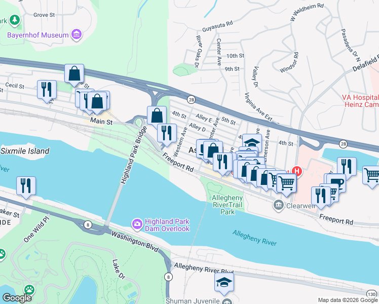 map of restaurants, bars, coffee shops, grocery stores, and more near 118 1st Street in Aspinwall
