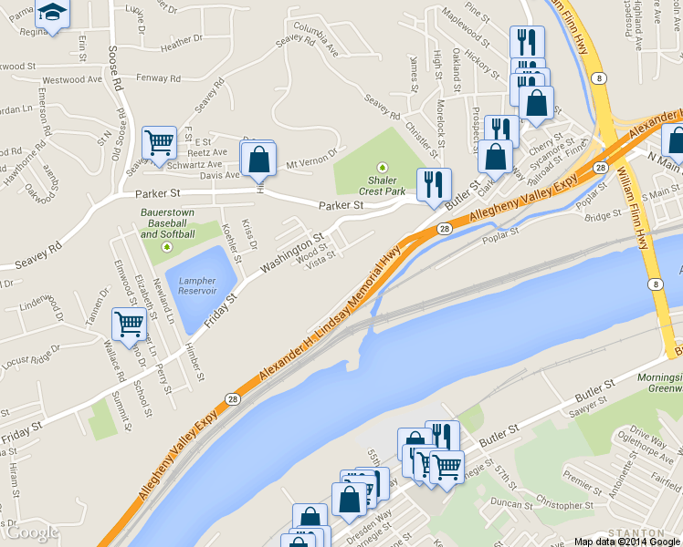 map of restaurants, bars, coffee shops, grocery stores, and more near 27 Ann Street in Pittsburgh