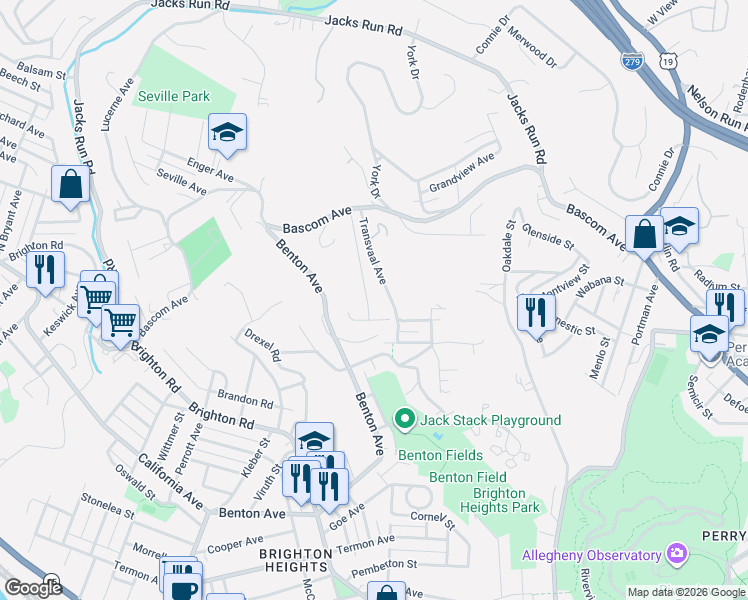 map of restaurants, bars, coffee shops, grocery stores, and more near 152 Malcolm Avenue in Pittsburgh