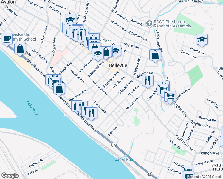 map of restaurants, bars, coffee shops, grocery stores, and more near 96 South Bryant Avenue in Pittsburgh