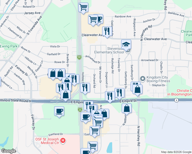 map of restaurants, bars, coffee shops, grocery stores, and more near 1222 Mount Vernon Drive in Bloomington