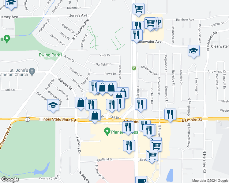 map of restaurants, bars, coffee shops, grocery stores, and more near 1608B East Empire Street in Bloomington