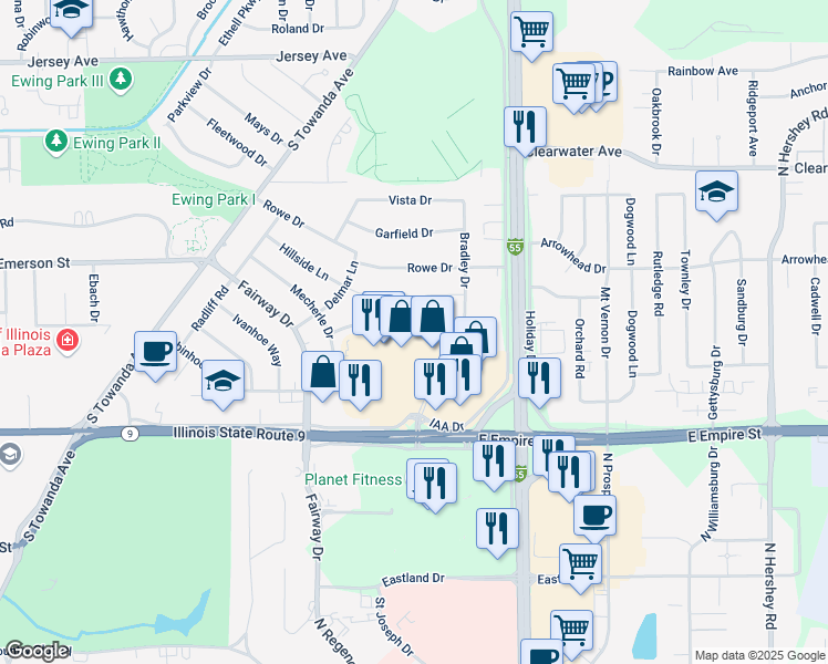 map of restaurants, bars, coffee shops, grocery stores, and more near 317 Riley Drive in Normal