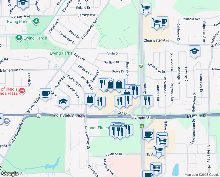 map of restaurants, bars, coffee shops, grocery stores, and more near 317 Riley Drive in Normal