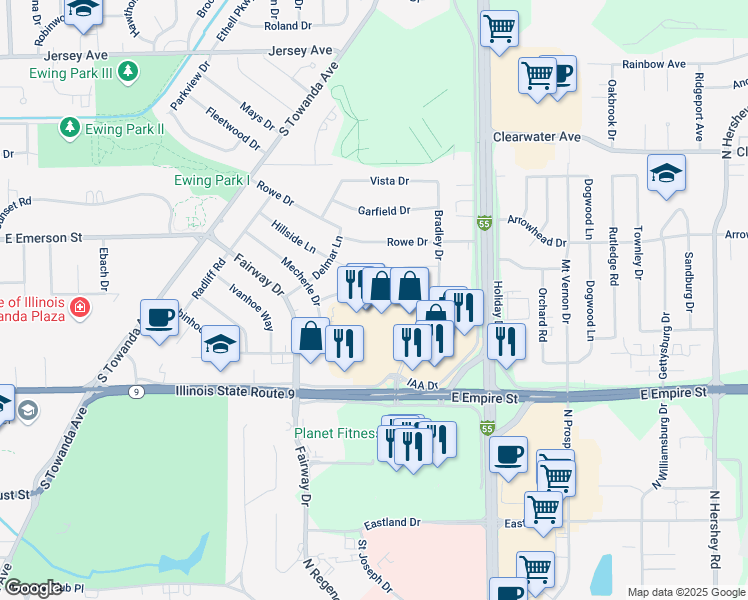 map of restaurants, bars, coffee shops, grocery stores, and more near 317 Riley Drive in Normal